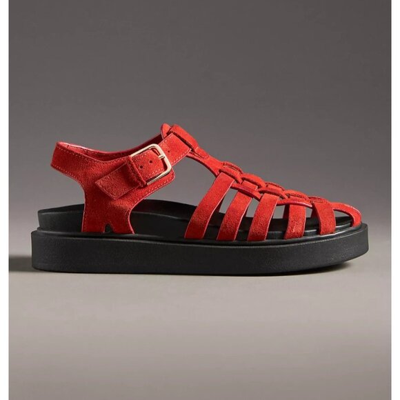 By Anthropologie Footbed Fisherman Flats Red Suede 41 - Picture 2 of 3